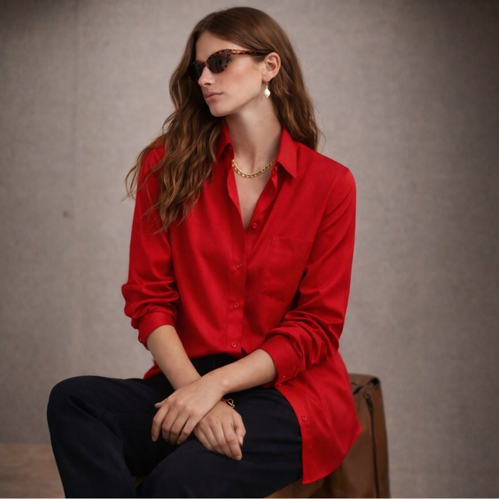 Vintage Red 100% Silk Blouse Washed Texture Luxurious Matte Sheen Size 10